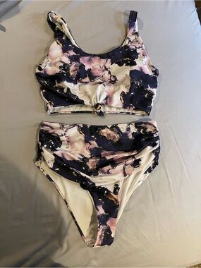 SHEIN Navy, Pink and White Marble Print High-Waist Bikini Set